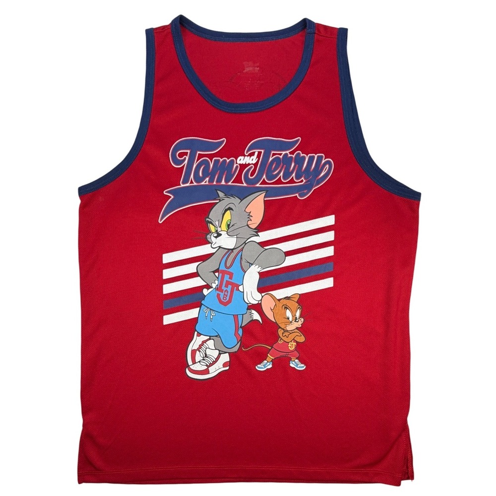 Tom And Jerry Jersey Tank Top Mens L Red Logo Cartoon Retro Basketball Sports